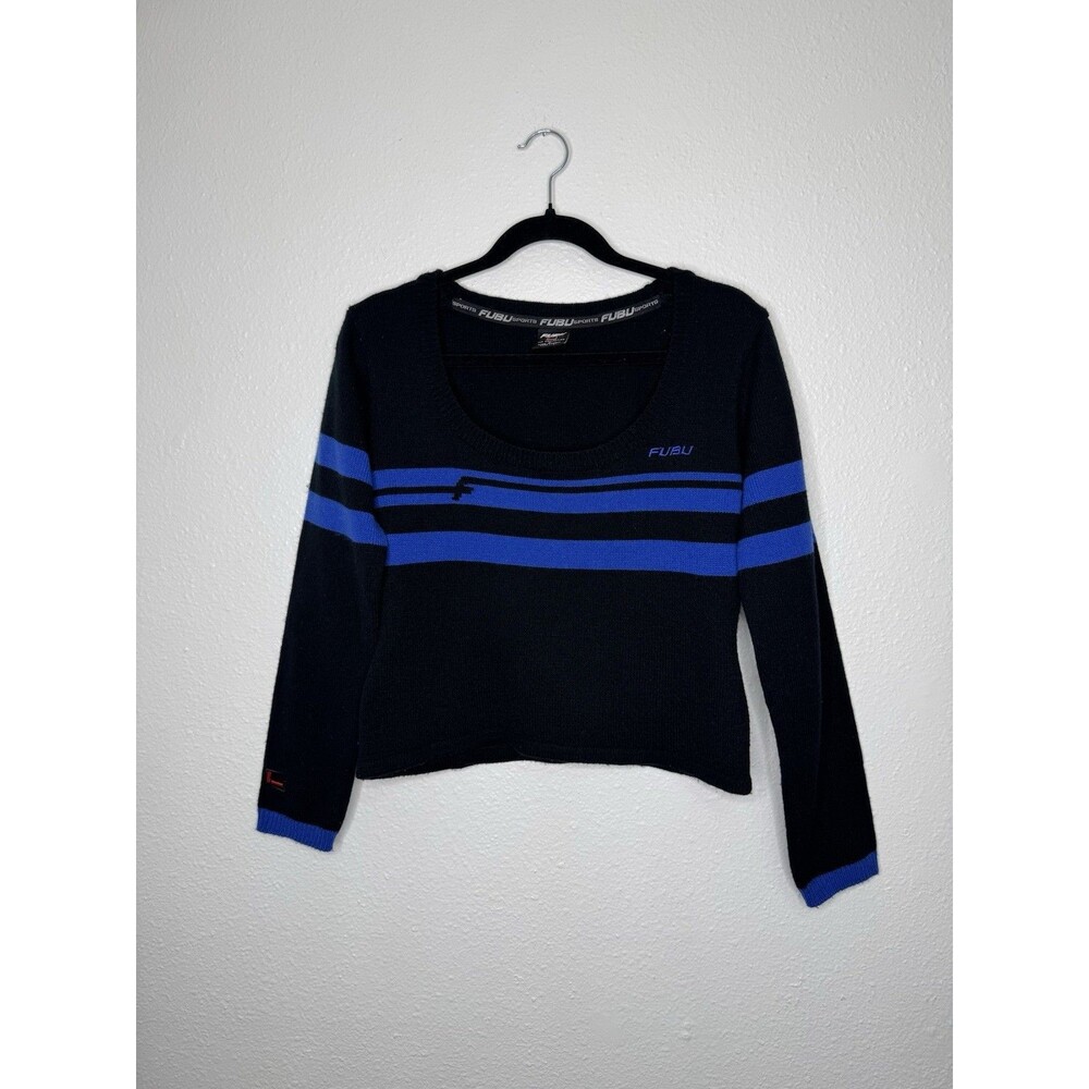 Y2K Vintage Fubu Crop Black Sweater Women’s Size L Cable Knit Babydoll Hip Hop